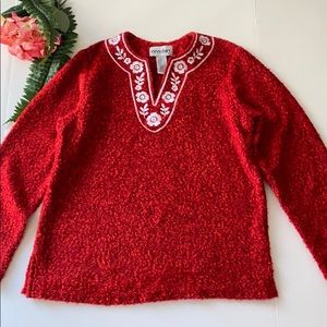 Eccobay Woman Red with White Embroidery V Neckline Sweater size M